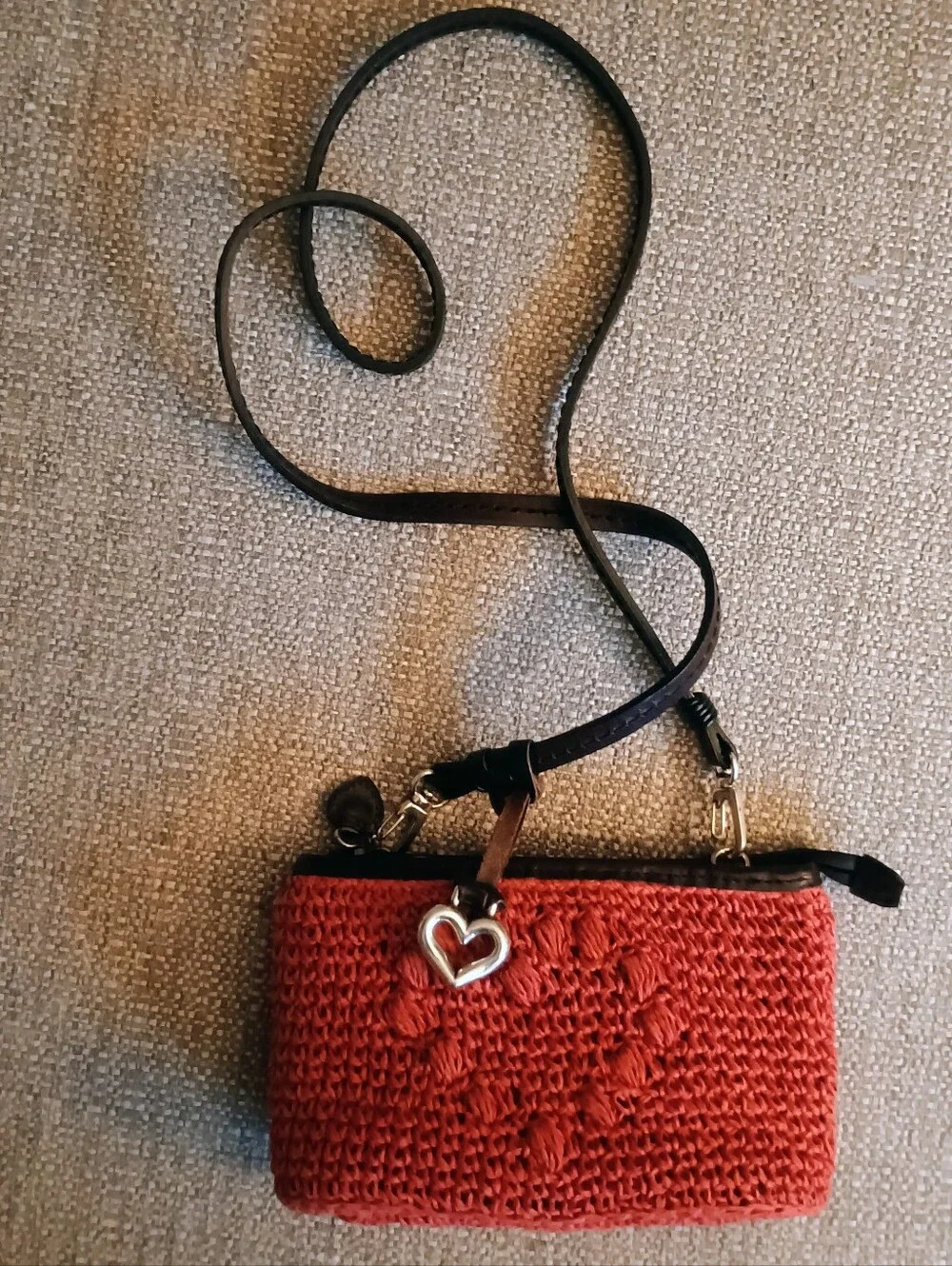 Brighten Reddish Crochet  Crossbody Bag with Heart Charm Clean Interior